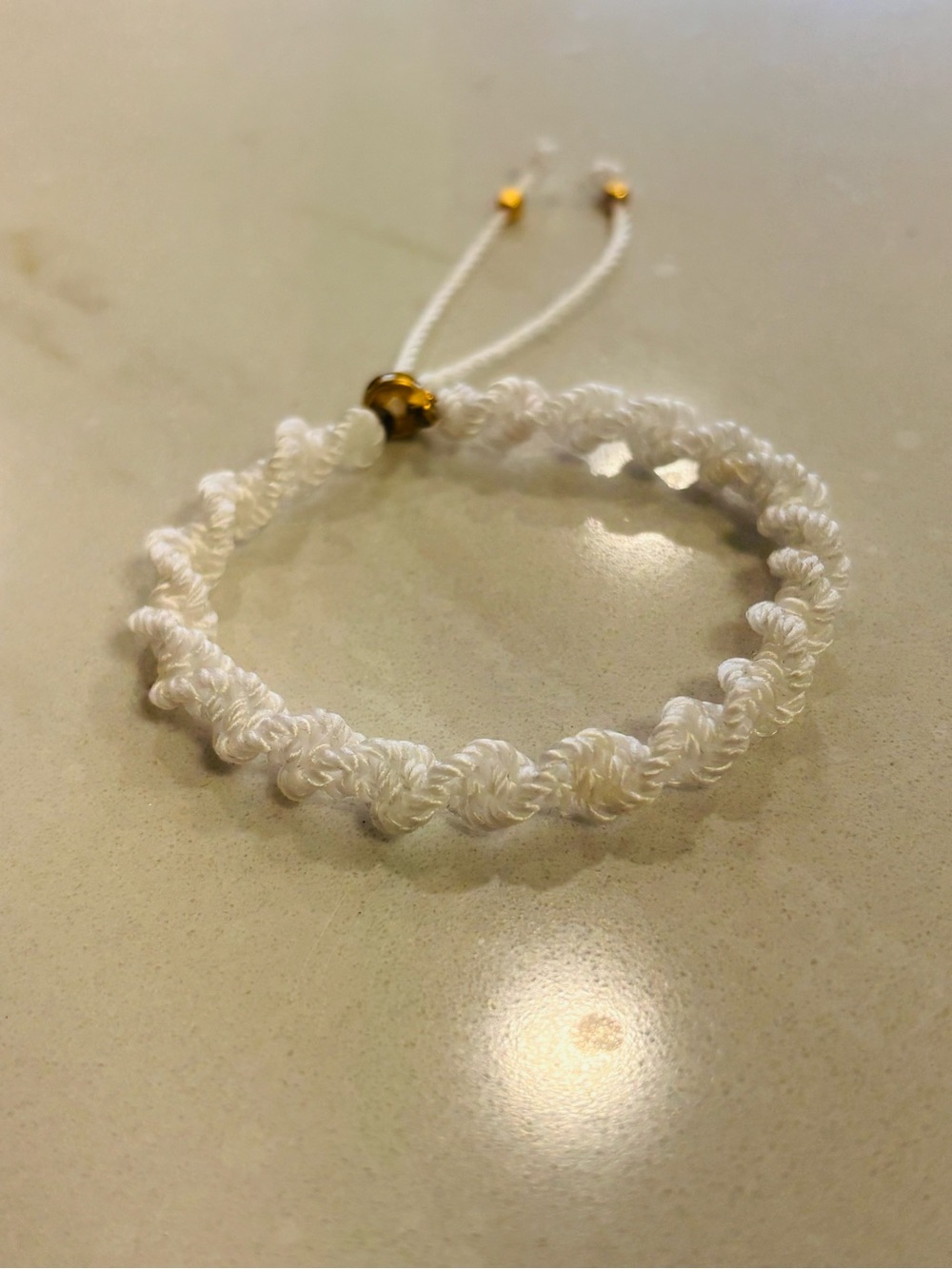 NWT Handmade White Twisted Macrame Bracelet Gold Rhinestone Accent